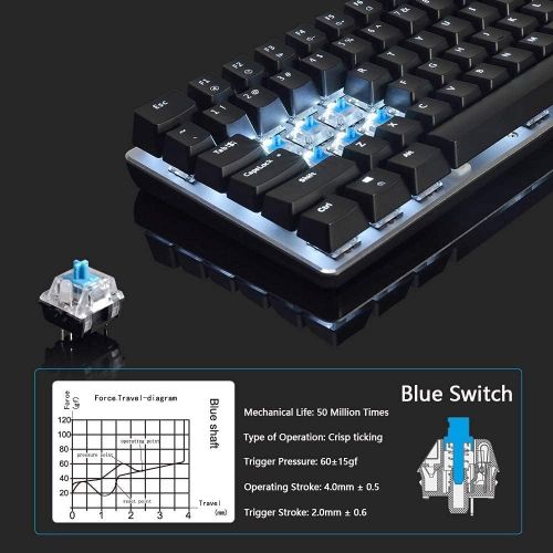  LexonElec Wired Mechanical Gaming Keyboard USB Metal Blue Switch PC Gaming Keyboard with White LED Backlit for Computer Gamers (Blue Switch, Black)