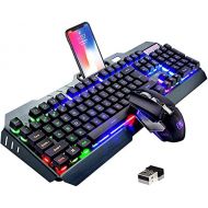 LexonElec Wireless Gaming Keyboard and Mouse,Rainbow Backlit Rechargeable Keyboard with 3800mAh Battery Metal Panel,Mechanical Feel Keyboard and 7 Color Mute Gaming Mouse for Windows Compute