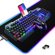 LexonElec Wireless Gaming Keyboard and Mouse Combo,3 in 1 Rainbow LED Rechargeable Keyboard Mouse with 3800mAh Battery Metal Panel,10 Colors RGB Gaming Mouse Pad (32.5x12x0.15 inch),7 Colors