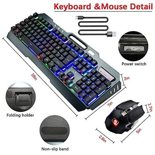  LexonElec Wireless Gaming Keyboard and Mouse,Rainbow Backlit Rechargeable Keyboard with 3800mAh Battery Metal Panel,Mechanical Feel Keyboard and 7 Color Mute Gaming Mouse for Windows Compute