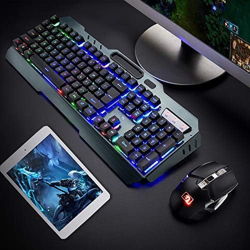  LexonElec Wireless Gaming Keyboard and Mouse,Rainbow Backlit Rechargeable Keyboard with 3800mAh Battery Metal Panel,Mechanical Feel Keyboard and 7 Color Mute Gaming Mouse for Windows Compute