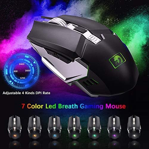  LexonElec Wireless Gaming Keyboard and Mouse,Rainbow Backlit Rechargeable Keyboard with 3800mAh Battery Metal Panel,Mechanical Feel Keyboard and 7 Color Mute Gaming Mouse for Windows Compute