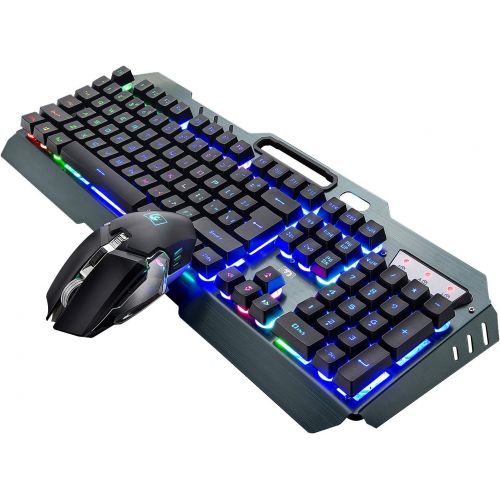  LexonElec Wireless Gaming Keyboard and Mouse,Rainbow Backlit Rechargeable Keyboard with 3800mAh Battery Metal Panel,Mechanical Feel Keyboard and 7 Color Mute Gaming Mouse for Windows Compute