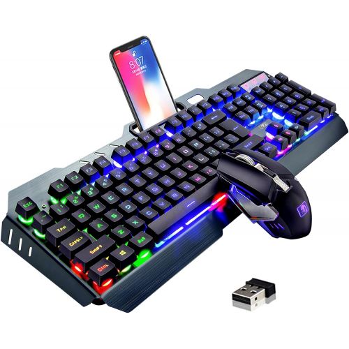  LexonElec Wireless Gaming Keyboard and Mouse,Rainbow Backlit Rechargeable Keyboard with 3800mAh Battery Metal Panel,Mechanical Feel Keyboard and 7 Color Mute Gaming Mouse for Windows Compute