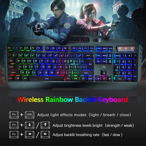  LexonElec Wireless Gaming Keyboard and Mouse,Rainbow Backlit Rechargeable Keyboard with 3800mAh Battery Metal Panel,Mechanical Feel Keyboard and 7 Color Mute Gaming Mouse for Windows Compute