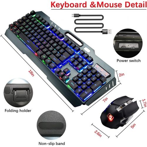  LexonElec Wireless Gaming Keyboard and Mouse,Rainbow Backlit Rechargeable Keyboard with 3800mAh Battery Metal Panel,Mechanical Feel Keyboard and 7 Color Mute Gaming Mouse for Windows Compute