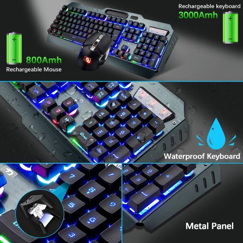  LexonElec Wireless Gaming Keyboard and Mouse,Rainbow Backlit Rechargeable Keyboard with 3800mAh Battery Metal Panel,Mechanical Feel Keyboard and 7 Color Mute Gaming Mouse for Windows Compute