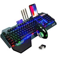 LexonElec Wireless Gaming Keyboard and Mouse,Rainbow Backlit Rechargeable Keyboard Mouse with 3800mAh Battery Metal Panel,Removable Hand Rest Mechanical Feel Keyboard and 7 Color Gaming Mute