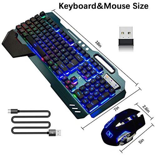  LexonElec Wireless Gaming Keyboard and Mouse,Rainbow Backlit Rechargeable Keyboard Mouse with 3800mAh Battery Metal Panel,Removable Hand Rest Mechanical Feel Keyboard and 7 Color Gaming Mute