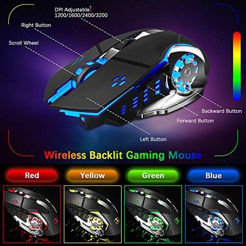  LexonElec Wireless Gaming Keyboard and Mouse,Rainbow Backlit Rechargeable Keyboard Mouse with 3800mAh Battery Metal Panel,Removable Hand Rest Mechanical Feel Keyboard and 7 Color Gaming Mute