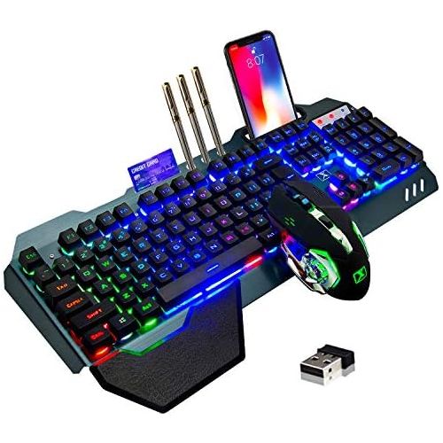  LexonElec Wireless Gaming Keyboard and Mouse,Rainbow Backlit Rechargeable Keyboard Mouse with 3800mAh Battery Metal Panel,Removable Hand Rest Mechanical Feel Keyboard and 7 Color Gaming Mute