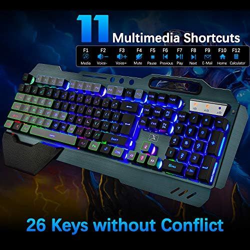  LexonElec Wireless Gaming Keyboard and Mouse,Rainbow Backlit Rechargeable Keyboard Mouse with 3800mAh Battery Metal Panel,Removable Hand Rest Mechanical Feel Keyboard and 7 Color Gaming Mute