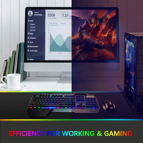  LexonElec Wireless Gaming Keyboard and Mouse,Rainbow Backlit Rechargeable Keyboard Mouse with 3800mAh Battery Metal Panel,Removable Hand Rest Mechanical Feel Keyboard and 7 Color Gaming Mute