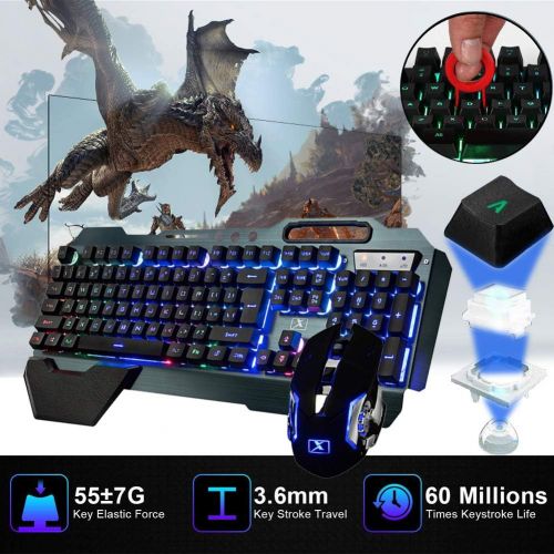  LexonElec Wireless Gaming Keyboard and Mouse,Rainbow Backlit Rechargeable Keyboard Mouse with 3800mAh Battery Metal Panel,Removable Hand Rest Mechanical Feel Keyboard and 7 Color Gaming Mute