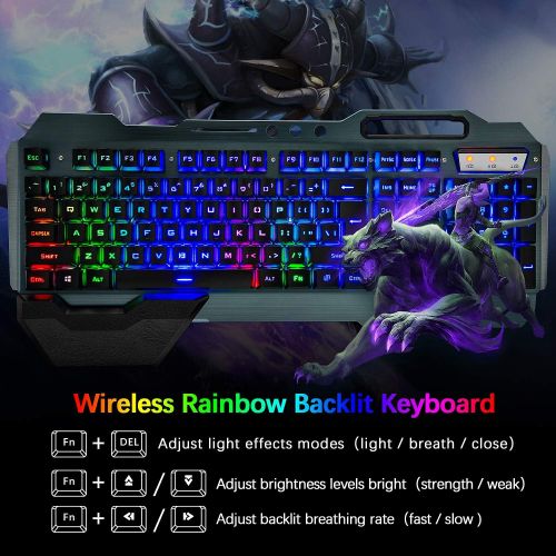  LexonElec Wireless Gaming Keyboard and Mouse,Rainbow Backlit Rechargeable Keyboard Mouse with 3800mAh Battery Metal Panel,Removable Hand Rest Mechanical Feel Keyboard and 7 Color Gaming Mute