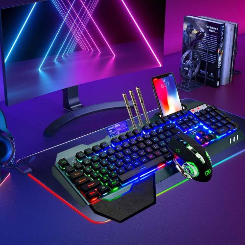  LexonElec Wireless Gaming Keyboard and Mouse,Rainbow Backlit Rechargeable Keyboard Mouse with 3800mAh Battery Metal Panel,Removable Hand Rest Mechanical Feel Keyboard and 7 Color Gaming Mute