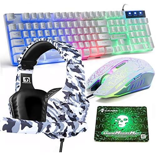  LexonElec Wired Gaming Keyboard and Mouse,4 in 1 Gaming Combo,Rainbow LED Backlit Keyboard,2400DPI 6 Button Optical Gaming Mouse,PC Gaming Headset,Gaming Mouse Pad for PC Gaming(White)