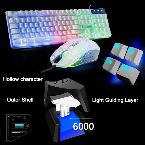  LexonElec Wired Gaming Keyboard and Mouse,4 in 1 Gaming Combo,Rainbow LED Backlit Keyboard,2400DPI 6 Button Optical Gaming Mouse,PC Gaming Headset,Gaming Mouse Pad for PC Gaming(White)