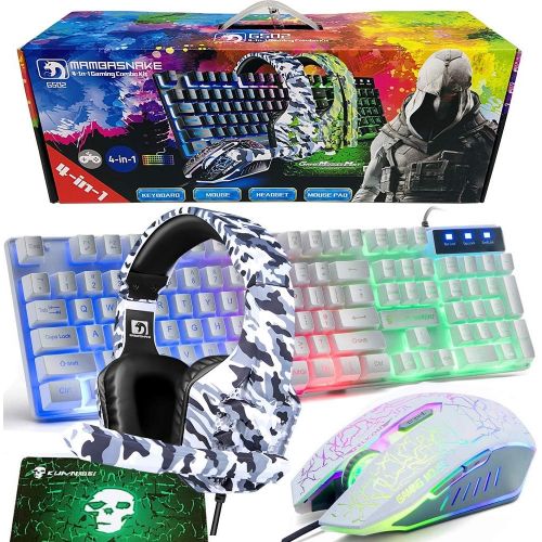  LexonElec Wired Gaming Keyboard and Mouse,4 in 1 Gaming Combo,Rainbow LED Backlit Keyboard,2400DPI 6 Button Optical Gaming Mouse,PC Gaming Headset,Gaming Mouse Pad for PC Gaming(White)