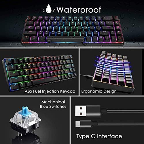  LexonElec 60% Mechanical Gaming Keyboard Blue Switch Mini 68 Keys Wired Type C 18 Backlit Effects,Lightweight RGB 6400DPI Honeycomb Optical Mouse,Gaming Mouse pad for Gamers and Typists (Bla