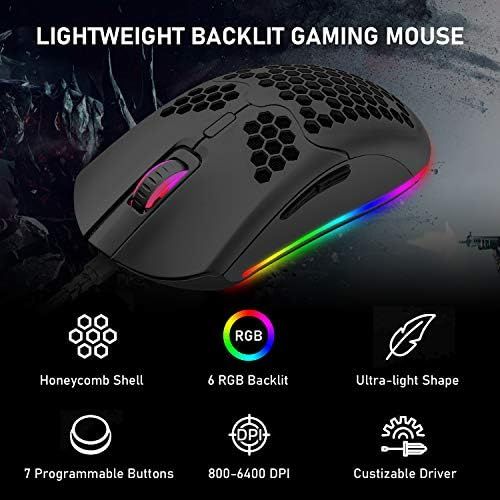  LexonElec 60% Mechanical Gaming Keyboard Blue Switch Mini 68 Keys Wired Type C 18 Backlit Effects,Lightweight RGB 6400DPI Honeycomb Optical Mouse,Gaming Mouse pad for Gamers and Typists (Bla