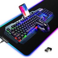 [아마존베스트]LexonElec Wireless Gaming Keyboard and Mouse Combo,3 in 1 Rainbow LED Rechargeable Keyboard Mouse with 3800mAh Battery Metal Panel,10 Colors RGB Gaming Mouse Pad (32.5x12x0.15 inch),7 Colors