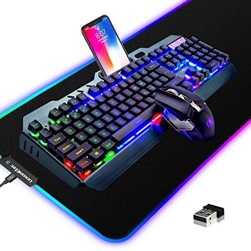  [아마존베스트]LexonElec Wireless Gaming Keyboard and Mouse Combo,3 in 1 Rainbow LED Rechargeable Keyboard Mouse with 3800mAh Battery Metal Panel,10 Colors RGB Gaming Mouse Pad (32.5x12x0.15 inch),7 Colors