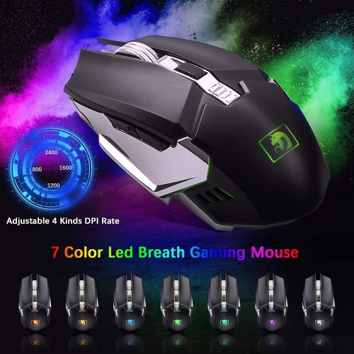  [아마존베스트]LexonElec Wireless Gaming Keyboard and Mouse Combo,3 in 1 Rainbow LED Rechargeable Keyboard Mouse with 3800mAh Battery Metal Panel,10 Colors RGB Gaming Mouse Pad (32.5x12x0.15 inch),7 Colors