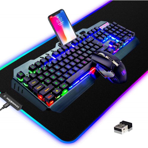  [아마존베스트]LexonElec Wireless Gaming Keyboard and Mouse Combo,3 in 1 Rainbow LED Rechargeable Keyboard Mouse with 3800mAh Battery Metal Panel,10 Colors RGB Gaming Mouse Pad (32.5x12x0.15 inch),7 Colors