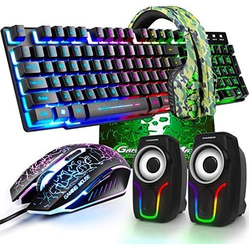  [아마존베스트]Lexon tech Wired Gaming Keyboard with Rainbow Backlight, USB Keyboard, 2400 DPI Rainbow Optical LED Gaming Mouse+Gaming Headset+RGB Speaker+Mouse Pads for Computer/PC (Black)