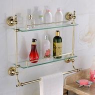 Leyden Wall Mount Bathroom TI-PVD Gold Finish Brass Material Double Layer Glass Shelf With Towel Bars