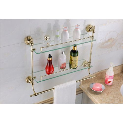  Leyden Wall Mount Bathroom TI-PVD Gold Finish Brass Material Double Layer Glass Shelf With Towel Bars