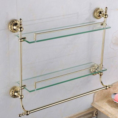  Leyden Wall Mount Bathroom TI-PVD Gold Finish Brass Material Double Layer Glass Shelf With Towel Bars