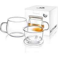 [아마존베스트]Lezero 13 ounce Tea Cups Kits Loose Tea-leaf Brewing System, Thickened Glass Cups with Tea Infuser Basket and Lid, Simple Filtration Teacups Great for Family Daily