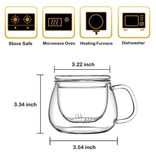  [아마존베스트]Lezero 13 ounce Tea Cups Kits Loose Tea-leaf Brewing System, Thickened Glass Cups with Tea Infuser Basket and Lid, Simple Filtration Teacups Great for Family Daily