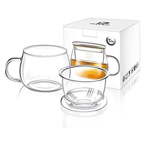  [아마존베스트]Lezero 13 ounce Tea Cups Kits Loose Tea-leaf Brewing System, Thickened Glass Cups with Tea Infuser Basket and Lid, Simple Filtration Teacups Great for Family Daily