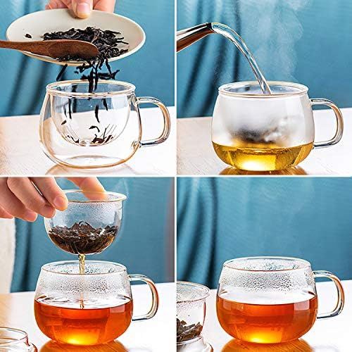  [아마존베스트]Lezero 13 ounce Tea Cups Kits Loose Tea-leaf Brewing System, Thickened Glass Cups with Tea Infuser Basket and Lid, Simple Filtration Teacups Great for Family Daily