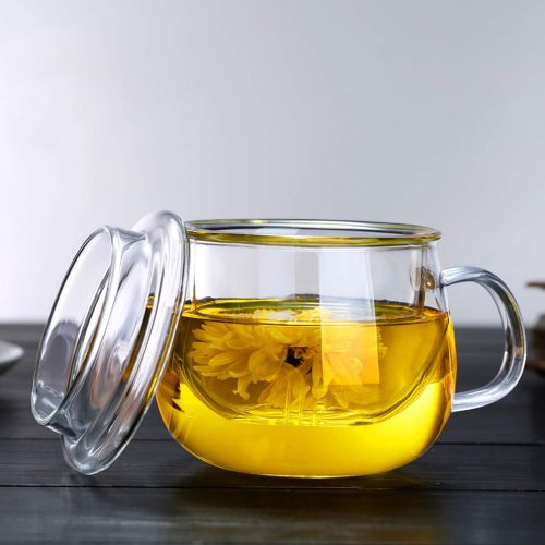  [아마존베스트]Lezero 13 ounce Tea Cups Kits Loose Tea-leaf Brewing System, Thickened Glass Cups with Tea Infuser Basket and Lid, Simple Filtration Teacups Great for Family Daily