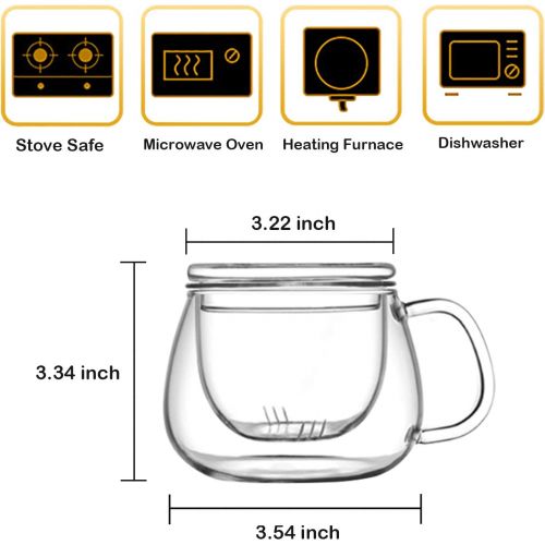  [아마존베스트]Lezero 13 ounce Tea Cups Kits Loose Tea-leaf Brewing System, Thickened Glass Cups with Tea Infuser Basket and Lid, Simple Filtration Teacups Great for Family Daily