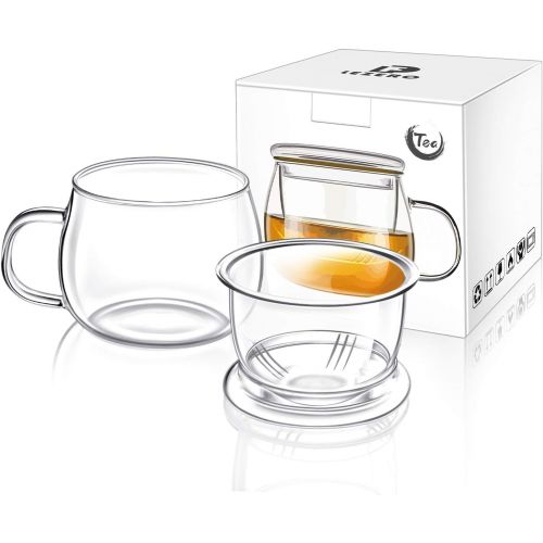  [아마존베스트]Lezero 13 ounce Tea Cups Kits Loose Tea-leaf Brewing System, Thickened Glass Cups with Tea Infuser Basket and Lid, Simple Filtration Teacups Great for Family Daily