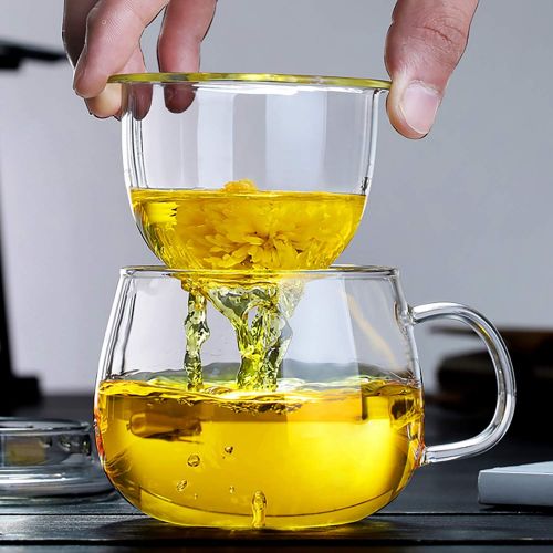  [아마존베스트]Lezero 13 ounce Tea Cups Kits Loose Tea-leaf Brewing System, Thickened Glass Cups with Tea Infuser Basket and Lid, Simple Filtration Teacups Great for Family Daily