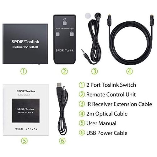  [아마존베스트]LiNKFOR Digital Toslink Optical 2x1 Switch with 6ft Optical Cable and IR Remote Control Aluminum Alloy Digital Audio SPDIF Toslink Optical Fiber Switcher 2 in 1 Out for PS3 Xbox Bl