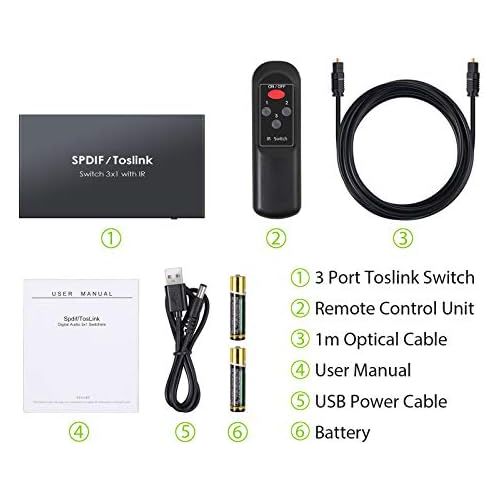  [아마존베스트]LiNKFOR Digital Toslink Optical 3x1 Switch with 3ft Optical Cable and IR Remote Control Aluminum Alloy Digital Audio SPDIF Toslink Optical Fiber Switcher 3 in 1 Out for PS3 Xbox Bl