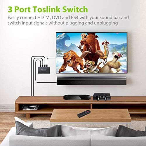  [아마존베스트]LiNKFOR Digital Toslink Optical 3x1 Switch with 3ft Optical Cable and IR Remote Control Aluminum Alloy Digital Audio SPDIF Toslink Optical Fiber Switcher 3 in 1 Out for PS3 Xbox Bl