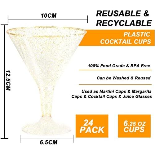  [아마존베스트]Liacere 24 Pack Gold Glitter Plastic Martini Glasses - 6.25oz Disposable Cocktail Glasses - Plastic Margarita Glasses Perfect for Wedding And Parties