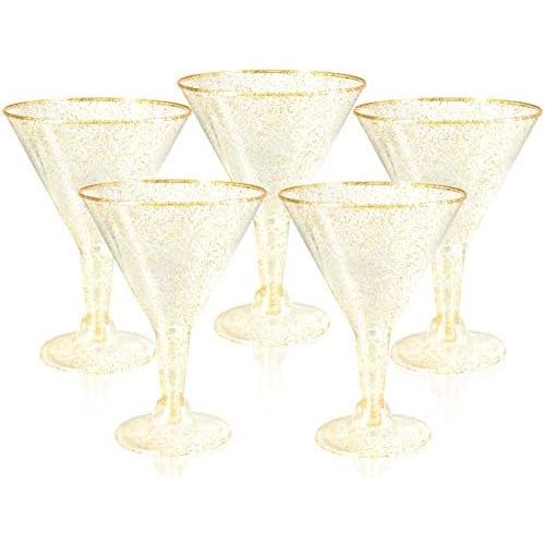  [아마존베스트]Liacere 24 Pack Gold Glitter Plastic Martini Glasses - 6.25oz Disposable Cocktail Glasses - Plastic Margarita Glasses Perfect for Wedding And Parties