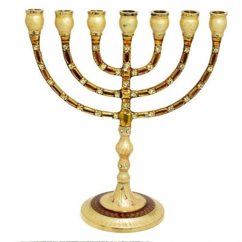  LiamCenter Brass Copper & Enamel Israel Candle Holder 10 Menorah, Judaica from Jerusalem 7 candel