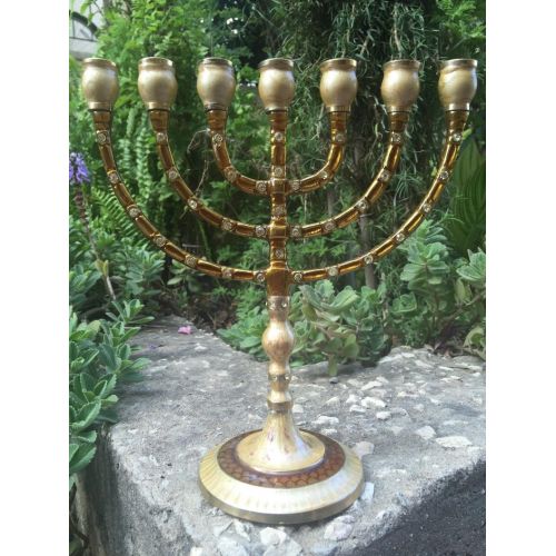  LiamCenter Brass Copper & Enamel Israel Candle Holder 10 Menorah, Judaica from Jerusalem 7 candel