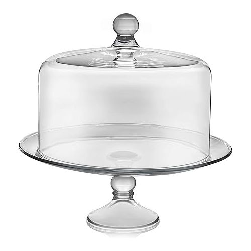  Libbey Selene Glass Cake Stand with Dome Lid, Elegant Curved Footed Glass Cake Holder, Covered Cake Stand, Versatile Glass Dome