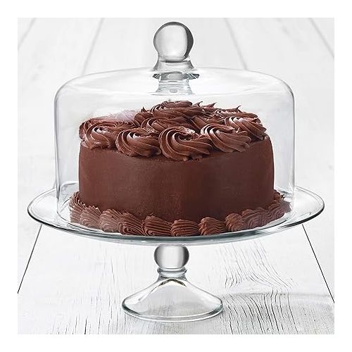  Libbey Selene Glass Cake Stand with Dome Lid, Elegant Curved Footed Glass Cake Holder, Covered Cake Stand, Versatile Glass Dome